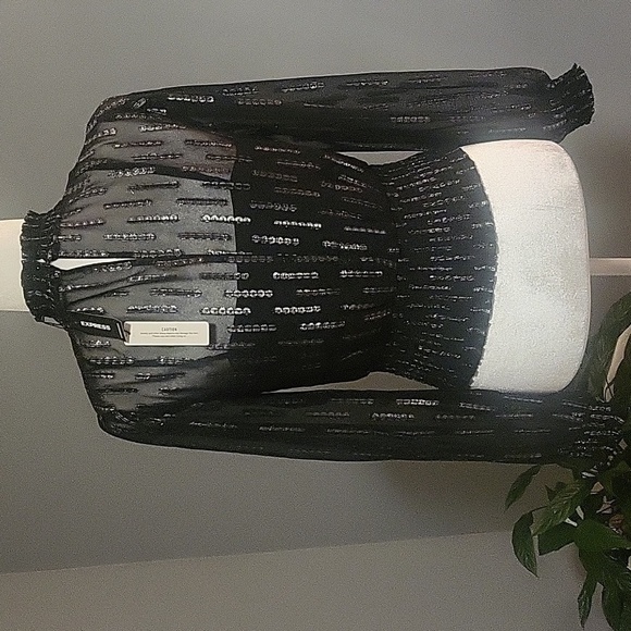Express Black with Silver Thread Smocked Waist Full Sleeve Blouse - Size XS - Picture 4 of 12